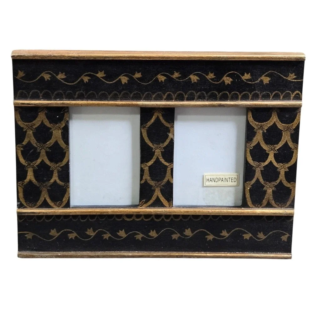 Terragrafics 1996 Double Picture Frame Unisex Small Black Gold Hand painted 8x6